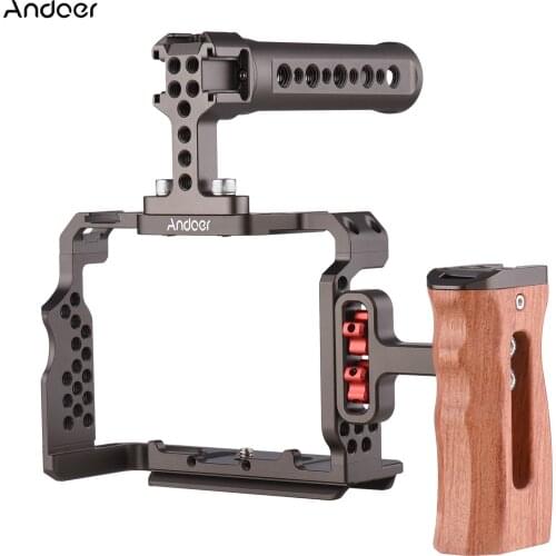 Andoer Aluminum Alloy Camera Cage Kit with Video Rig Top Handle Wooden Grip Replacement for Sony A7R III/ A7 II/ A7III