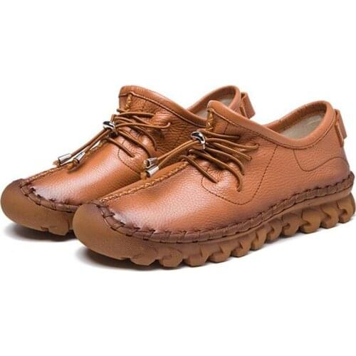 Comfortable Soft 100% Natural Full Genuine Leather Shoes Flat Shoes Woman Casual Shoes Hand-stitched Casual Sneakers Women Shoes