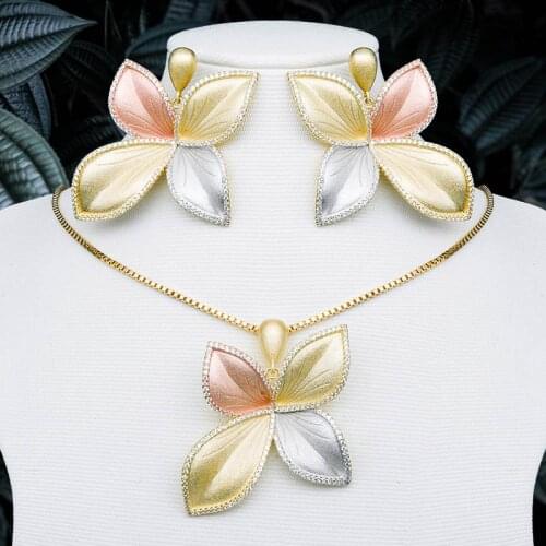 ModemAngel High Quality Luxury Leaves 3 Tone Copper Pendant Necklace And Earring Set For Dubai Women Wedding Engagement Jewelry