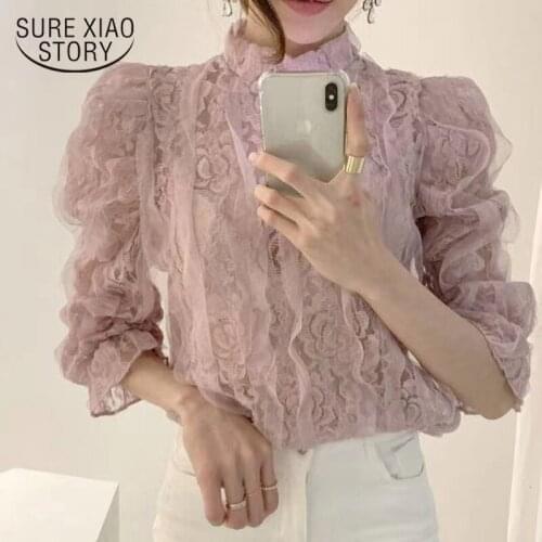 New Fashion Korean Style Lace Blouse Women Office Lady Elegant Pink Lace Tops Stand Collar Pullover Women Clothing Blusas 12511