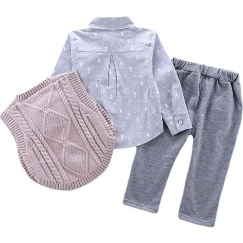 Boys Spring and Autumn Baby Suit Kids Sets Childrens Long-sleeved Casual Shirt Sweater Vest Three-piece Suit 0-4 Ages