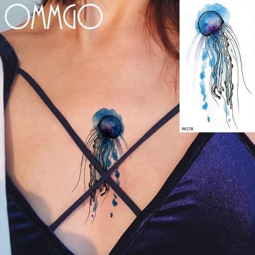 OMMGO Summer Style Watercolor Tattoo Blue Jellyfish Body Art Temporary Tattoos Paper For Women Fashion Fake Tatoo Kids Paste
