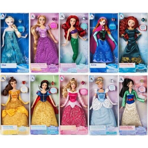 Disney Store Original Princess Rapunzel Ariel Elsa Anna Aurora Cinderella Belle Classic Dolls Toys For Children Christmas Gift