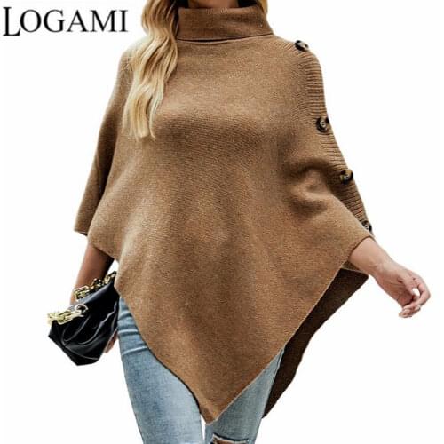 LOGAMI Button High Neck Shawl Bat Sleeve Knit Coat for Women Ponchos Autumn Winter