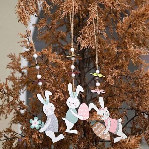 Easter Bunny Pendant Flower Wood Sheet Beads String Sling Pendant Home Decoration Hanging Carrot Bunny Egg Board Ornament