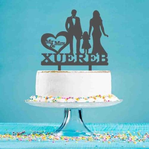 Personalized Mr Mrs Name Party Date Family of Three Silhouette Cake Topper For Wedding Anniversary Party Cake Decoration Topper