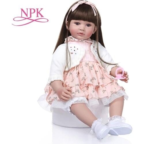 NPK 60CM lifelike reborn toddler baby silicone girl doll with very long brown stright hair Exquisite Princess toy Christmas Gift