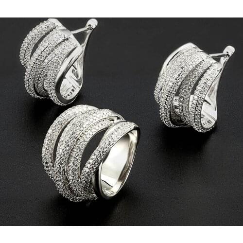 Zlxgirl rhodium silver crystal clear CZ zircon wedding earring ring jewelry sets high copper stud earring&ring Anel couple gifts