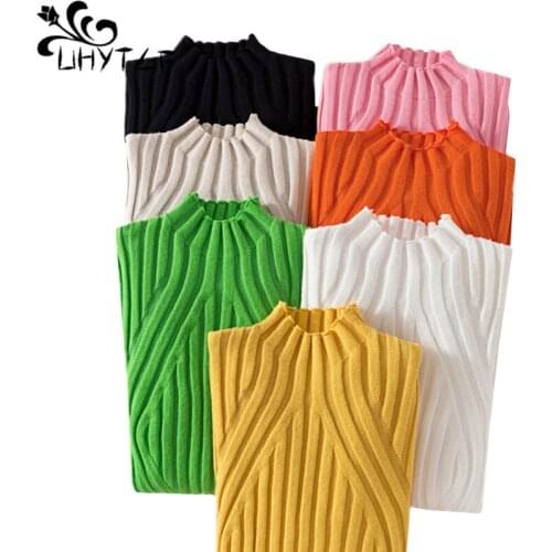 UHYTGF knitted Autumn winter sweaters womens elastic pullover Slim warm sweater female solid color Inside Casual Short top 1192