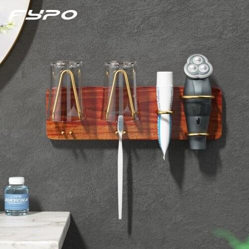 Fypo Wood Toothbrush Holder Toothpaste Storage Rack Wall Mount Storage Rack Shaver Tooth Brush Dispenser Bathroom Organizer