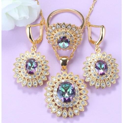 Big Sunflower Jewelry Sets With Rainbow Stone AAA+ Quality Gold Color African Women Wedding Accessories Free Gift Box