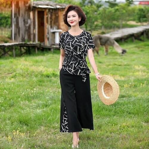 2021 Summer Two Piece Sets Printing Short Sleeve Tops + Wide Leg Pants Suits Casual Ladies Office Plus Size Women Clothing Y891