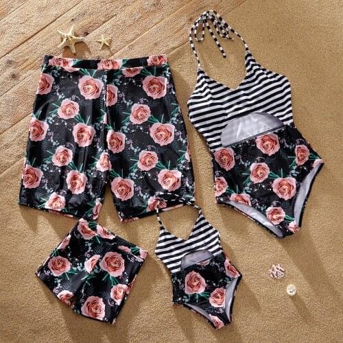 PatPat 2021 New Summer Floral Print Striped Cutout One-piece Family Matching Halter Swimsuits