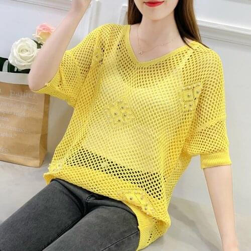 Summer Knitted Women Pull Femme Mesh Tricot 2020 Fashion Sweater Tops Knitwear Yellow Loose Knitwear Jumper New Arrival