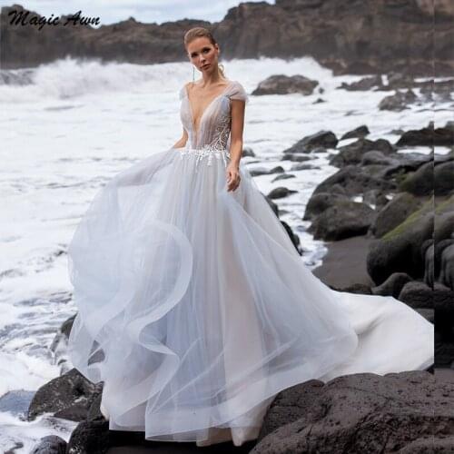 Magic Awn Colorful Beach Wedding Dresses Lace Appliques Illusion Soft Tulle Wedding Paty Gown With Bow Customized Robe Mariage