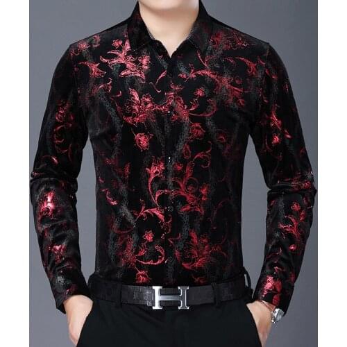 Gold Shiny Red Velour Flannel Shirts Stretch Velvet Large Size Clothing Winter Warm Husband Fashional Dress Claret Luxury Blouse