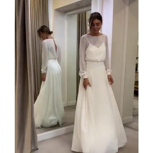 2021 Bohemian Simple Long Sleeve Wedding Dress A Line Modest Plus Size Custom Made Women Chiffon Bridal Gowns Vestido De Noiva