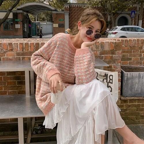 AECU Spring Women Geometric Khaki Knitted Sweater Women Casual Lady Plus Size Loose Pullover Sweater Female Winter Retro Jumper