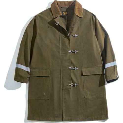 Tooling American Jackets Retro Mid-length Firefighter Windbreaker Autumn Winter Reflective Strip Overcoat Trench Outwear