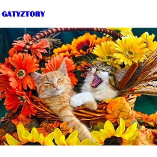 GATYZTORY 60x75cm Picture By Number Flower Cat For Adults Handpainted DIY Oil Painting By Number Animal Kits Home Decoration