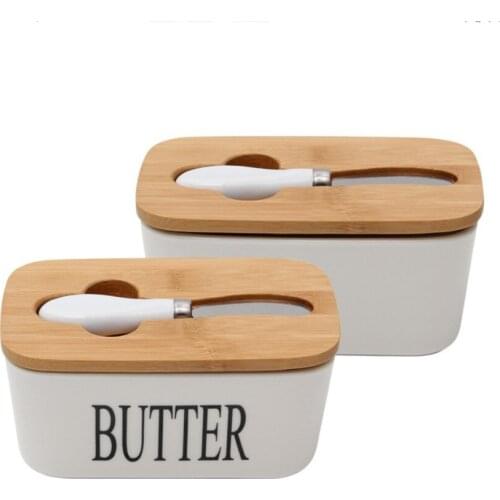 Ins Nordic Butter Sealing Box Wiith Ceramic Butter Plate Wood Lid And Knife Cheese Storage Tray Butter Dish Container Box