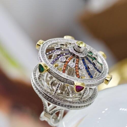 S925 sterling silver creative exaggerated atmosphere carousel ring zircon open ring for women
