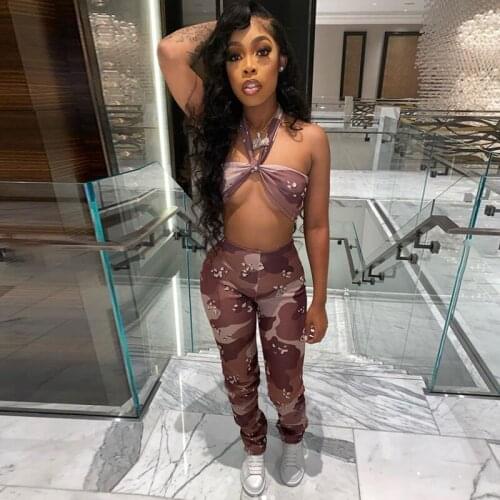 Backless Halter Suit Fitness Female Printing Summer Women Slim Low-Cut Crop-Top Skinny Casual Tight-Fitting Sport Long- Pants