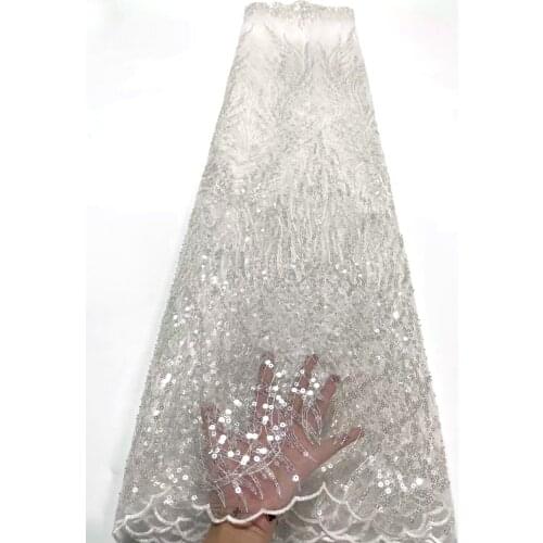 Sequined Lace Fabric with Beads Nigeria Mesh Lace Fabric Beaded French Lace Fabric African Lace Fabric For Party HJ5046