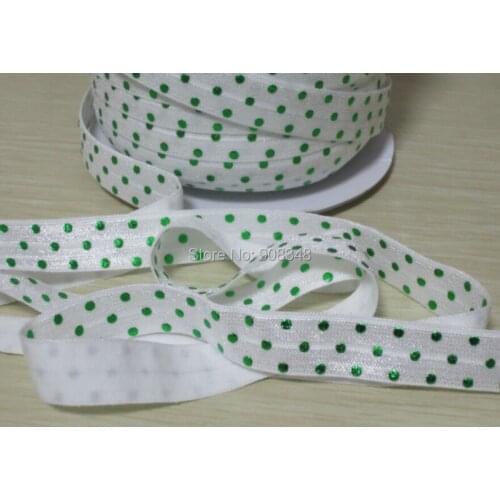 5/8" 16mm Green Dots White Elastic Ribbon for girl Wristband hair Headband Hairband Accessory