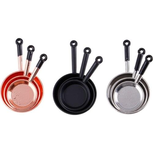 1/12 Scale Vintage 3Pcs Dollhouse Miniature Metal Frypan Frying Pans Cooking Pot Cookware Kitchen Accessory