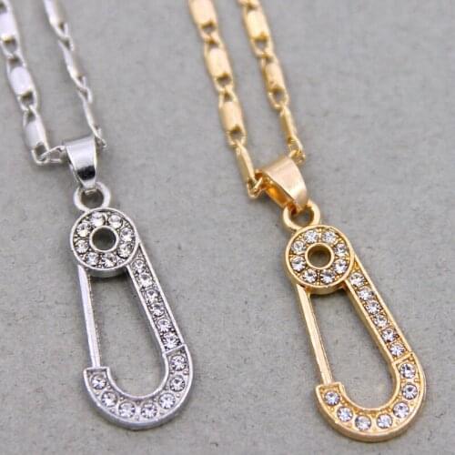 Trendy Gold Color Pin Pendant Necklace For Women Rhinestones Chain Necklace For Girlfriend Gift Jewelry