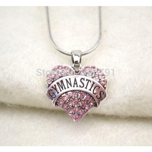 Fashion 50pcs a lot rhodium plated GYMNASTICS with pink crystal heart pendant necklace