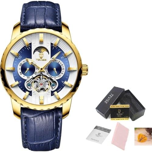 Mens Watch TEVISE T856A Watch Man Automatic Tourbillon Moon Phase Luminous Hands Moon Phase Leather Steel Strap Tool Gift 2020