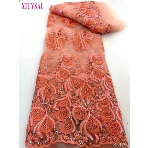 Latest French Nigerian beads/sequins Laces Fabric 2021 African Embroidery Tulle Lace Fabric Nigerian Lace For Wedding 5yard