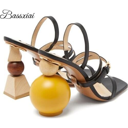 Novelty Building Blocks Heel Party Sandalias Mujer Sexy Narrow Band Open Toe Real Leather Asymmetrical Strange Heel Sandals