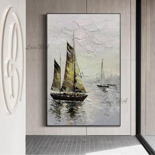 Palette Knife Texture Thick Acrylic Sailing Boat Ship Oil Painting Wall Decorative Canvas Picture For Hotel Hall Decor
