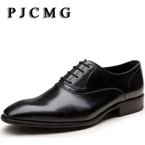 PJCMG Fashion High Quality Wine Red/Black Formal Oxfords Business Genuine Leather Lace-Up Dress Breathable Mens Wedding Shoes