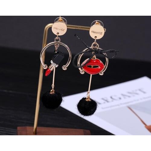 Lipstick Lip Hair Ball Drop Earrings Luxury New Design Red Pink For Woman Earrings Accessories