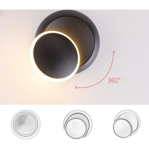 Modern Round LED Wall Lamp 360 degree rotation adjustable bedside light White and Black creative aisle wall lamp