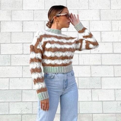 Ardm Elegant Hollow Out Patchwork Strip Knitted Sweater Vintage O Neck Long Sleeve Contrast Pull Femme Hiver Pullovers Chic Tops