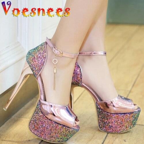 Women Shoes Summer New Sexy Walk Show Sandals Party Nightclub Platform Pole Dance Thin High Heels Diamonds Chain Wedding Shoes