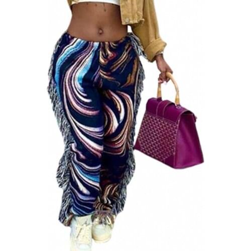 Thicken Long Pants Women Elastic Waist Pockets With Tassel Pants Spring New Warm Colorful Print Fashion Streetwear Trousers 2021