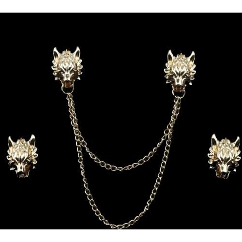 Vintage Double Chain Brooches Retro Jewelry Dragon Angel Skull Brooch For Men Women Collar Pins Simple Clothing Accessories Gift