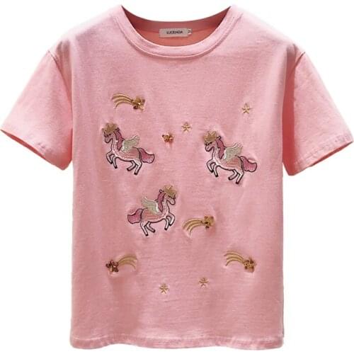 T-Shirt Women Short Sleeve 2021 Summer New Korean Style Embroidered Pegasus Sequins Tops Female Loose O-Neck Tee T8813