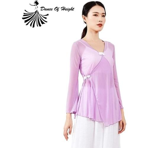 Womens Loose Classical Dance Shirt V Neck With Chinese Frog Gauze Dance Wear Side Lacing Practice Clothing Long Sleeve Garment