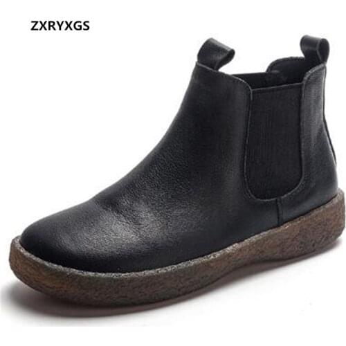 Top Cowhide Autumn Boots Genuine Leather Shoes Women Boots 2020 Large Size Warm Winter Boots Flat Soft Sole Comfortable Boots