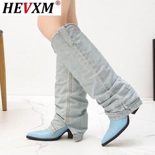 Unique Pleated Blue Denim Runway Boots Women Sexy Point Toe Square Heel Genuine Leather Sewing Knight Boots Woman Size 35-40