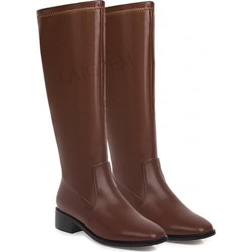 LAIGZEM FASHION Women Knee Boots Low Heel Zip Up Riding Boots Women Shoes Thick Heels Dress Black Large Ladies Size 38 39 44 48