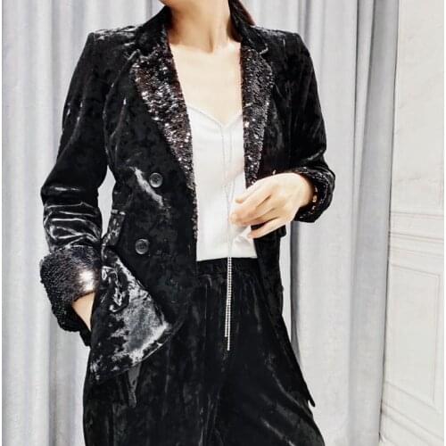 Fashion Sequins Womens Blazer Wide Leg Trousers Two Piece Set Elegant Lapel Double Breasted Office Ladies Formal Suit Jacket