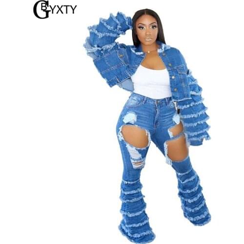 GBYXTY Vintage Multi-layer Tassel Denim Suits Spring Autumn Women Crop Denim Jacket and Ripped Flare Jeans 2 Piece Set ZL1125